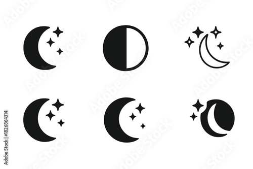 Moon Phases Icons. The phases of the moon. Icon set. Set Logo of The phases of the moon: quarter phase with stars accent. harmonious logo variations of the
