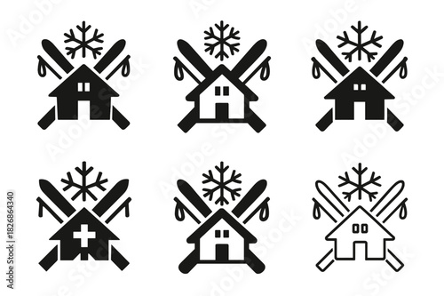 Ski Lodge Emblem Icons. Winter ski lodge or chalet celebration. Icon set. Set Logo of winter ski lodge or chalet celebration: ski gear and snowflake emblem.
