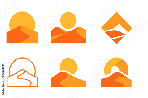 Desert Dunes Icons. Desert dunes. Icon set. Set Logo of desert dunes: sun setting over dunes. harmonious logo variations of the same emblematic concept, each