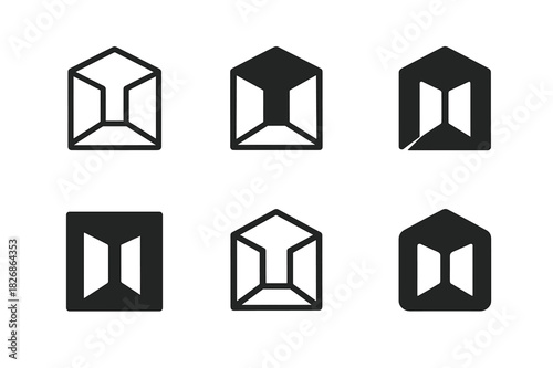 Open Atrium Logos. Open Atrium. Icon set. Set Logo of Open Atrium: open architectural perspective. harmonious logo variations of the same emblematic concept,