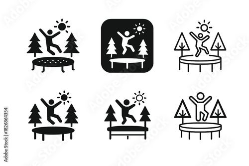 Trampoline Logo Variations. Jumping on a trampoline in a backyard. Icon set. Set Logo of outdoor fun: trampoline with sun and trees. harmonious logo variations