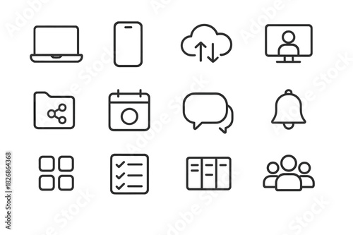 Remote Work Icons. Remote Work Tools. Line icon set of Remote Work Tools: laptop, smartphone, cloud sync, video conference, shared folder, calendar reminder,