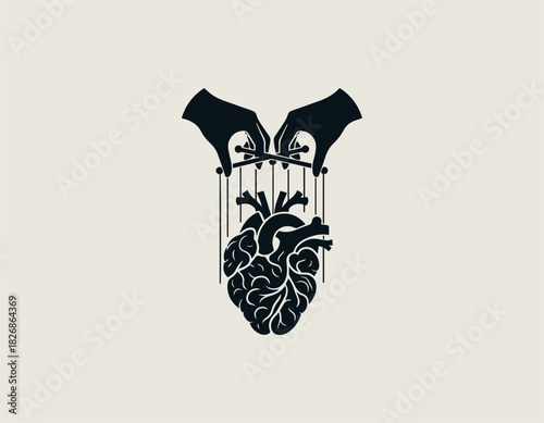 Black Vector Illustration of hands controlling the brain and heart as a puppet.