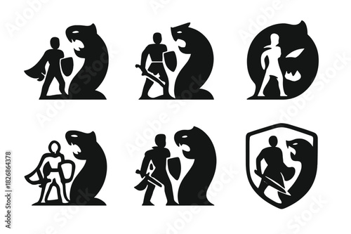 Heroic Logo Variations. Hero Facing Danger Bravely. Icon set. Set Logo of Hero Facing Danger Bravely: warrior standing before threat. harmonious logo