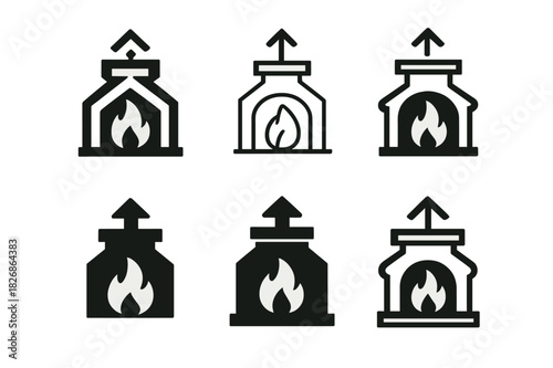 Fireplace Logo Variations. Lighting the fireplace. Icon set. Set Logo of Lighting the fireplace: chimney draft arrow above cap. harmonious logo variations of