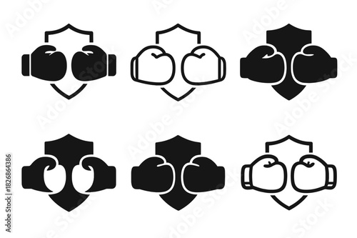 Offense Defense Logos. Offense vs Defense. Icon set. Set Logo of Offense vs Defense: boxing gloves faceoff. harmonious logo variations of the same emblematic