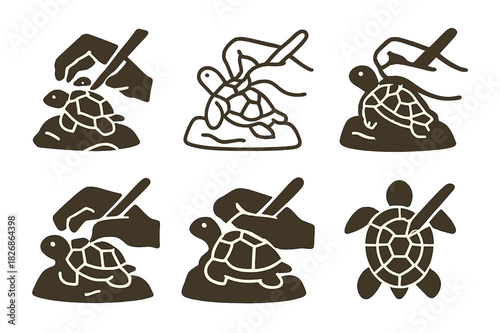 Animal Clay Sculpture Logos. Sculpting clay into an animal figure. Icon set. Set Logo of Sculpting clay into an animal figure: carving turtle shell pattern.