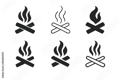 Battlefield Emblem Variations. The remains of a battlefield with smoke rising into the sky. Icon set. Set Logo of battlefield remains: smoldering campfire.