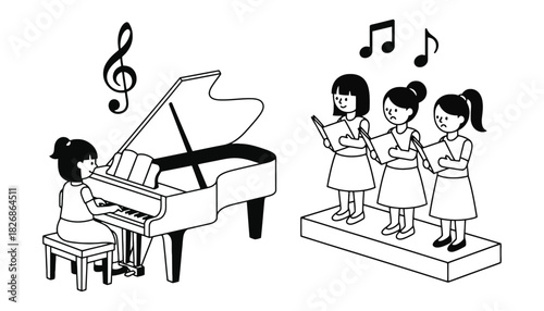 Piano lessons and choir practice for young musicians vector
