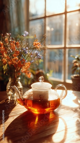Relaxing Afternoon Tea With a Glass Teapot and Fresh Flowers Near a Sunny Window