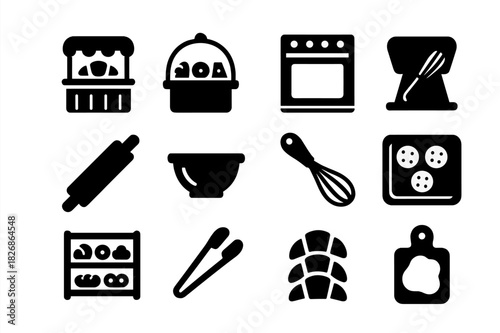 Bakery Icons Set. Bakery setup. Solid icon set of Bakery setup: counter, pastry display, oven, rolling pin, bowl, whisk, tray, shelf, tongs, pastry stack,