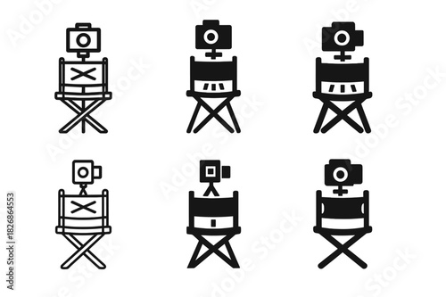 Director's Chair Icons. Behind-the-Scenes Content Tips. Icon set. Set Logo of storytelling process: director chair and camera tripod. harmonious logo