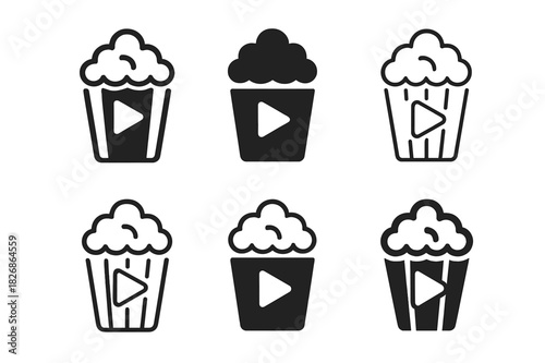 Streaming Popcorn Icons. Watching Your Favorite TV Show or Movie with Popcorn. Icon set. Set Logo of streaming moment: play symbol with popcorn box. harmonious