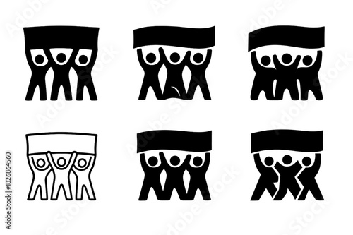 Collectivist Icon Set. Collectivist. Icon set. Set Logo of collectivist: group of figures lifting a shared banner. harmonious logo variations of the same