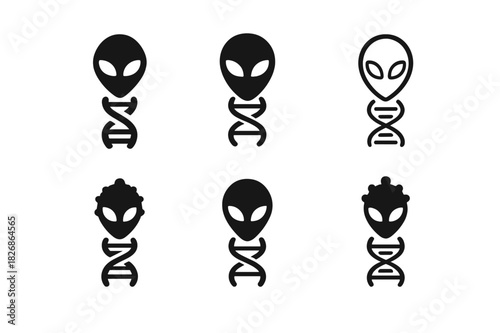 Interstellar Evolution Logos. Genetic Engineering for Space Colonization. Icon set. Set Logo of cosmic evolution: DNA transforming into alien organism.
