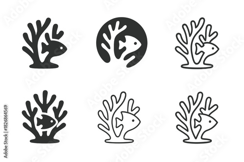 Wildlife Protection Logos. Endangered species. Icon set. Set Logo of wildlife protection: coral reef with fish outline. harmonious logo variations of the same
