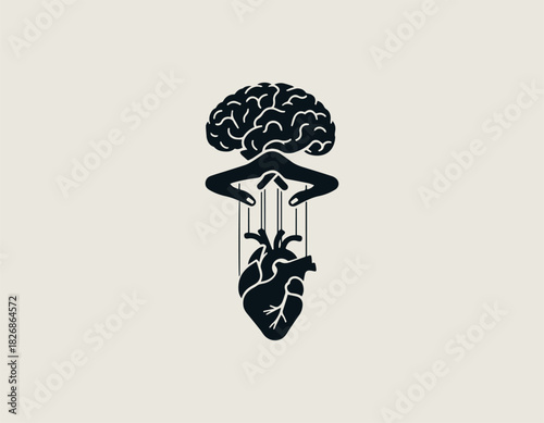 Black Vector Illustration of hands controlling the brain and heart as a puppet.
