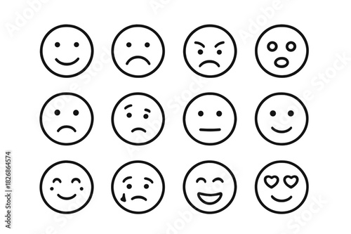 Emotion Icons Grid. Emotional expressions. Line icon set of emotional expressions: happy face, sad face, angry face, scared face, surprised face, confused