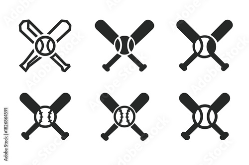 Sports Icon Set. Sports equipment. Icon set. Set Logo of Sports equipment: baseball bat crossing ball. harmonious logo variations of the same emblematic
