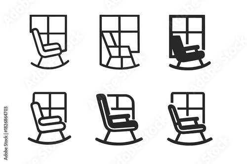 Rocking Chair Logos. Rocking chair by the window. Icon set. Set Logo of rocking chair: chair with cushions near window. harmonious logo variations of the same