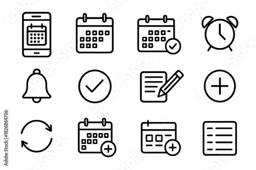 Mobile Calendar Icons. Mobile Calendar Set. Line icon set of Mobile Calendar Set: date selection, smartphone, calendar app, event icon, alarm clock, reminder