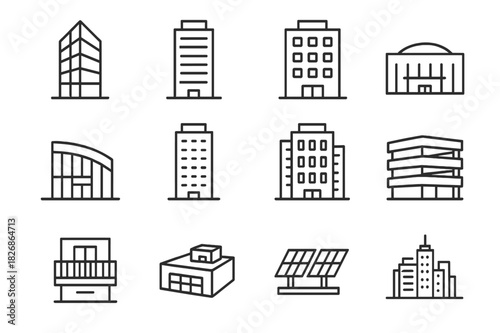 Modern Building Icons. Modern buildings. Line icon set of modern buildings: glass tower, high-rise, office block, mall, convention center, residential tower,