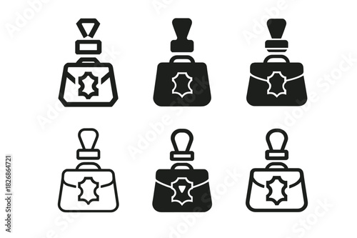 Leathercraft Logo Variations. Leatherworking and creating custom bags. Icon set. Set Logo of leathercraft: embossing stamp on leather. harmonious