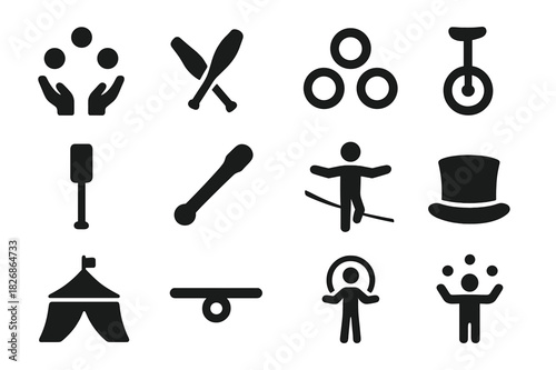 Circus Skill Icons. Juggling and Balance. Solid icon set of juggling balls, clubs, rings, unicycle, balancing stick, baton, tightrope, hat, circus tent,