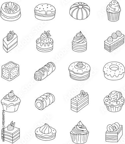 A collection of various sweet desserts and baked goods in a handdrawn line art style