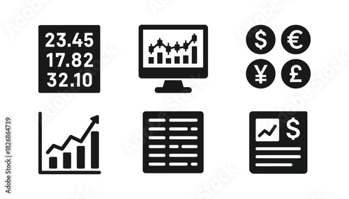 Financial data analysis and stock market trends icons set vector
