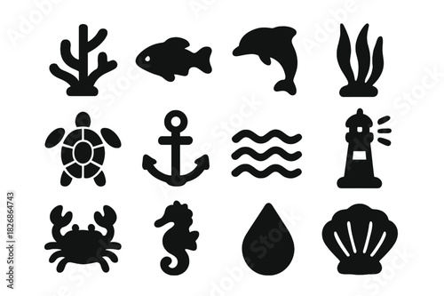Marine Conservation Icons. Marine conservation. Solid icon set of marine conservation: coral, fish, dolphin, seaweed, turtle, anchor, wave, lighthouse, crab,