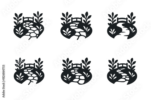 Decorative Stone Path Logos. Decorative stone paths through a garden with plants on both sides. Icon set. Set Logo of Decorative stone paths through a garden
