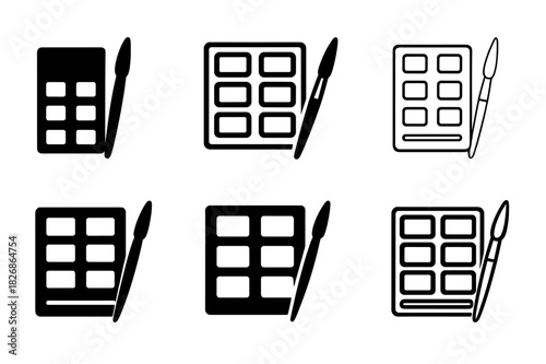 Art Techniques Icon Set. Fine art techniques and tools. Icon set. Set Logo of Fine art techniques and tools: watercolor pan set with brush. harmonious logo