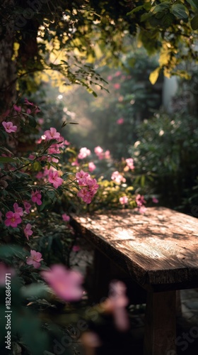 Garden Table Surrounded by Blooming Pink Flowers in a Serene Setting