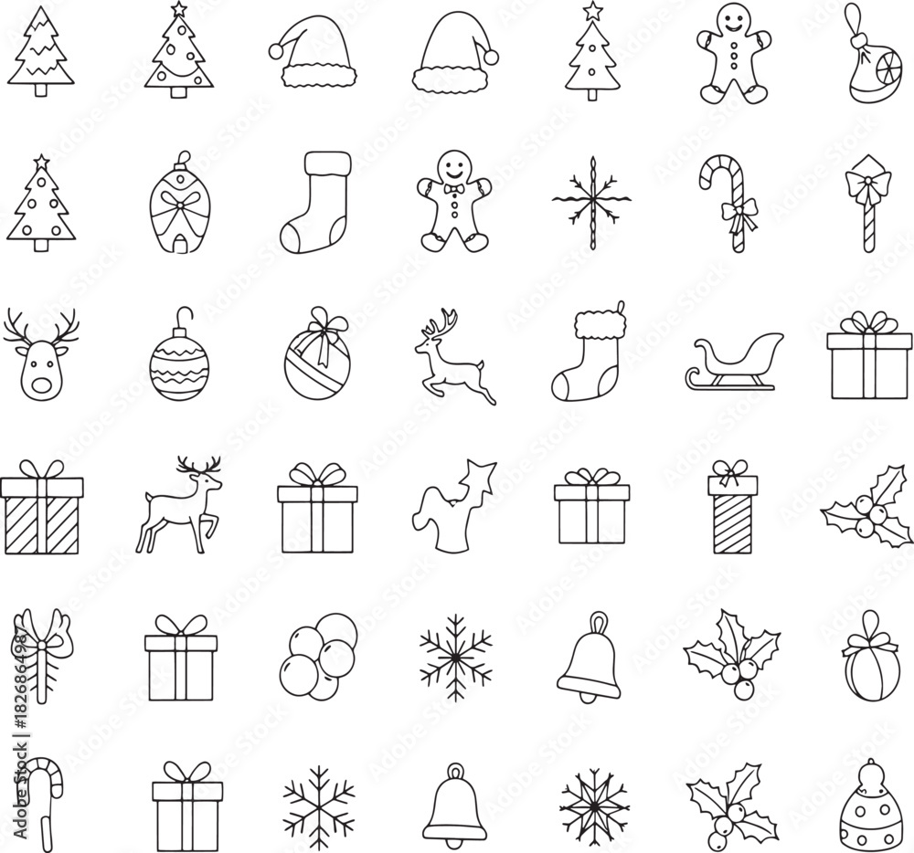 Naklejka premium Collection of handdrawn christmas and new year holiday icons, perfect for festive designs