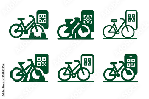 Eco Transport Icons. Eco-friendly transportation. Icon set. Set Logo of Eco-friendly transportation: bike-share docking station with app QR. harmonious logo