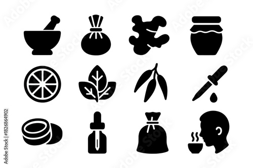 Natural Remedy Icons. Natural Remedies. Solid icon set of Natural Remedies: mortar and pestle, herbal bundle, ginger root, honey jar, lemon slice, peppermint
