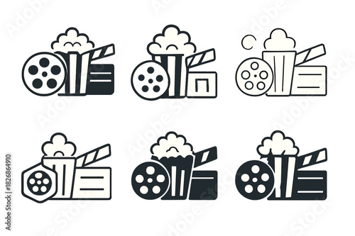 Movie Night Icons. Watching Your Favorite TV Show or Movie with Popcorn. Icon set. Set Logo of movie night: film reel, popcorn, and clapperboard. harmonious