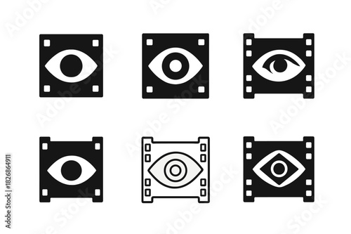 Film Insight Icons. Behind-the-Scenes Content Tips. Icon set. Set Logo of production insight: eye symbol combined with film frame. harmonious logo variations