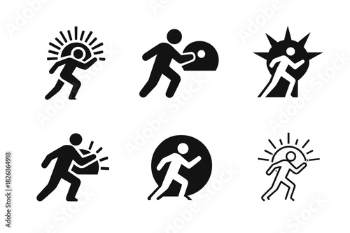 Motivational Logo Variations. Self-motivation. Icon set. Set Logo of self-motivation: rising sun behind a figure pushing forward. harmonious logo variations of
