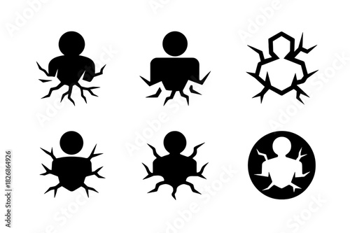 Frustration Icon Set. Frustration. Icon set. Set Logo of frustration: breaking wall crack. harmonious logo variations of the same emblematic concept, each with