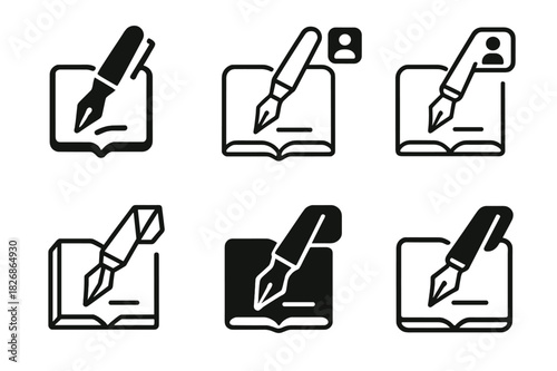 Conference Call Icons. Taking notes during a conference call. Icon set. Set Logo of Taking notes during a conference call: fountain pen on notebook. harmonious
