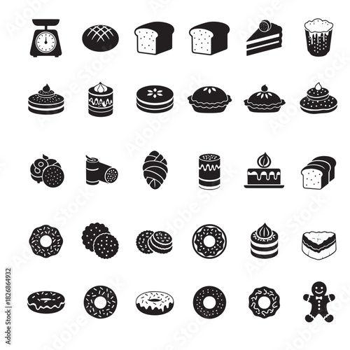 Assortment of bakery and dessert icons featuring bread, cakes, pastries, and sweets