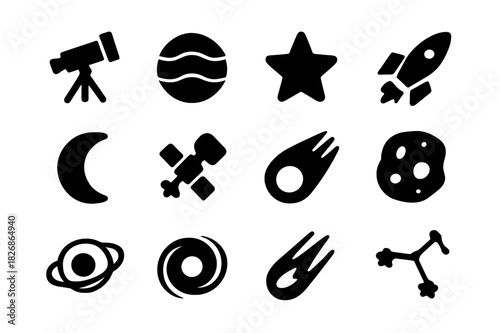 Astronomy Icon Set. Astronomy Icons. Solid icon set of telescope, planet, star, rocket, moon, satellite, comet, asteroid, orbit, black hole, meteor,