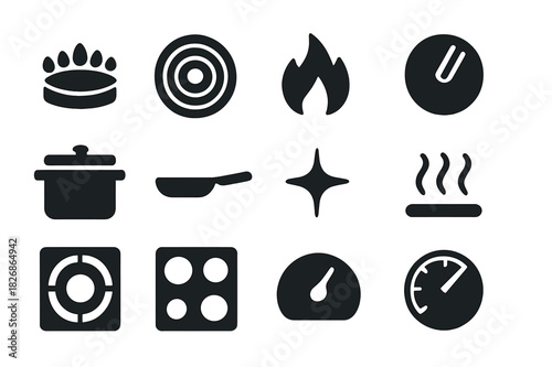 Stovetop Burner Icons. Stovetop burner. Solid icon set of Stovetop burner: gas burner, electric coil, flame, control knob, pot, pan, spark ignition, heat