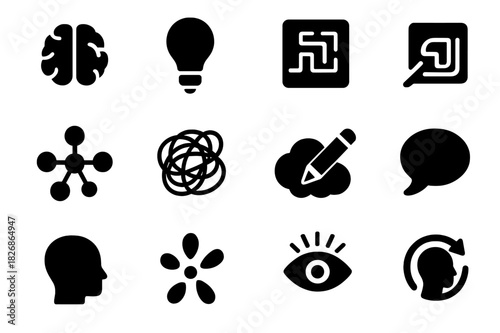 Creative Icon Set. Creative thinking. Solid icon set of Creative thinking: brain, light bulb, gear, maze, mind map, scribble, pencil and thought, speech