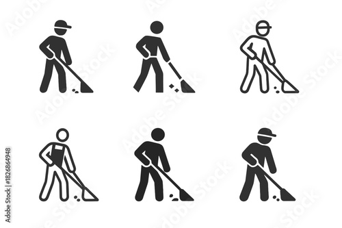 Hygiene Icon Variations. Sweeping the Floor. Icon set. Set Logo of workplace hygiene: cleaner sweeping corridor. harmonious logo variations of the same