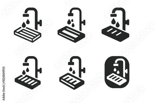 Refrigerator Cleaning Icons. Cleaning out the refrigerator. Icon set. Set Logo of Cleaning out the refrigerator: removable shelf being washed under faucet.