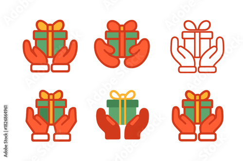 Winter Charity Icons. Winter Holiday Themed Charity Event. Icon set. Set Logo of community warmth: mittened hands passing gift box. harmonious logo variations