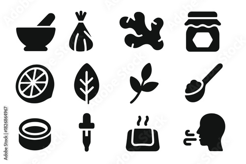 Natural Remedies Icons. Natural Remedies. Solid icon set of Natural Remedies: mortar and pestle, herbal bundle, ginger root, honey jar, lemon slice, peppermint